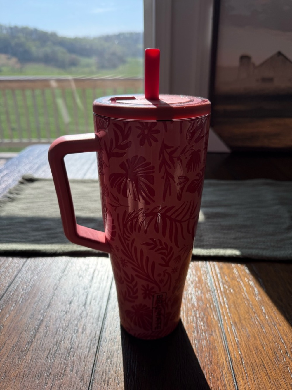 40 oz Insulated Pink Floral Travel Cup with Handle and Straw - Picture 2 of 6